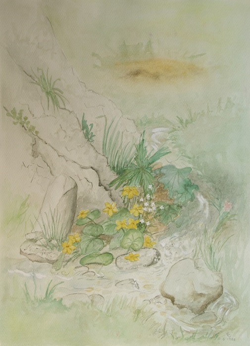 Aquarell Bachlauf mit Blümchen