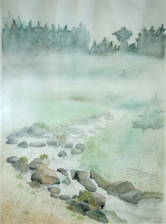 Aquarell Bachlauf im Nebel